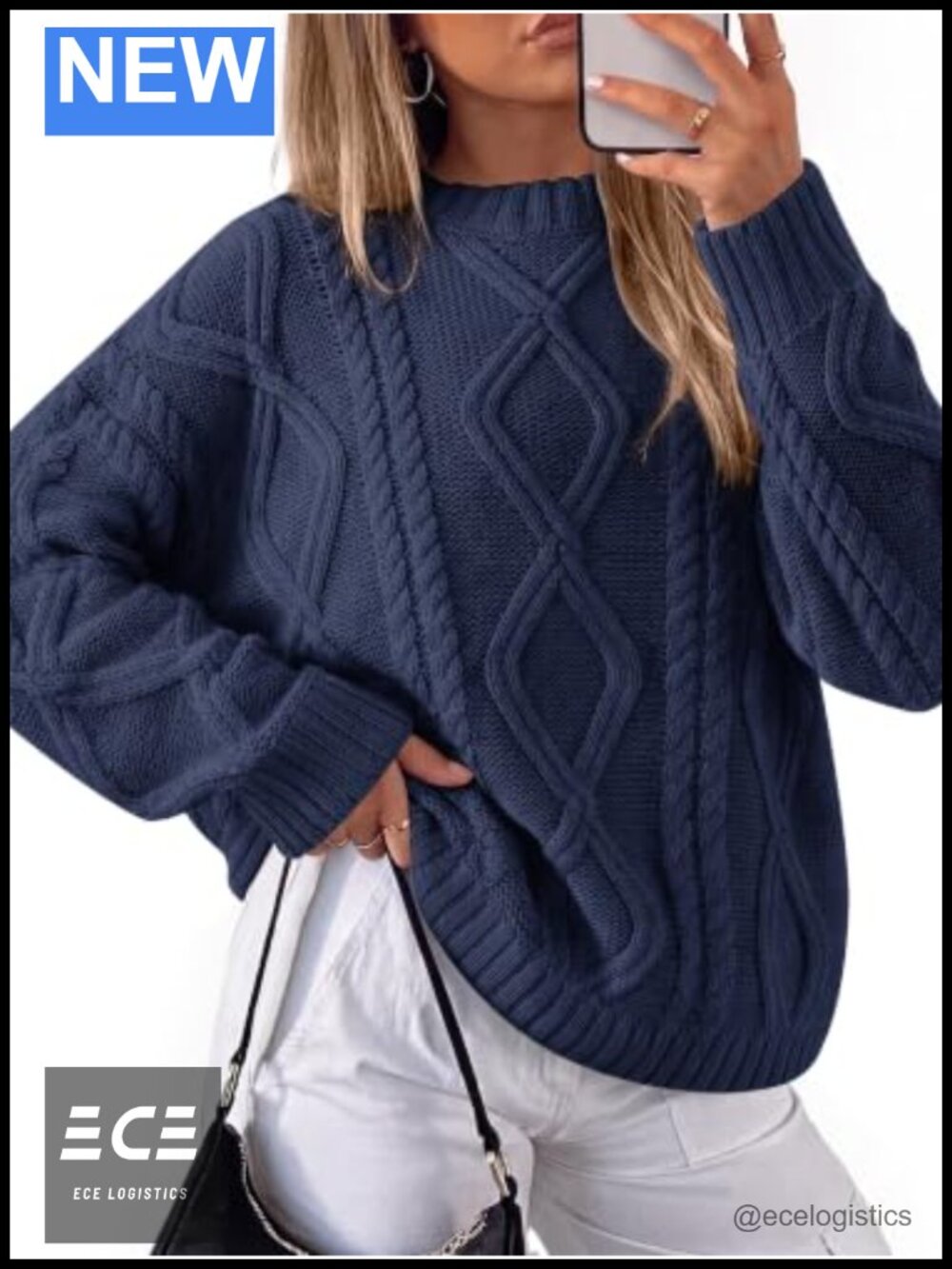 Oversized Cable Knit Chunky Pullover Sweater Lantern Sleeve Crew Neck